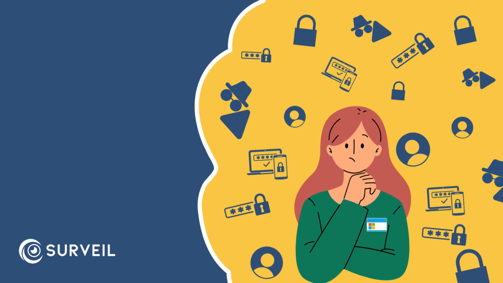 Image shows a confused woman contemplating what happens after basic authentication is retired. She's wearing a Microsoft badge to show she's a partner, and her thought bubble features icons of passwords, padlocks, and threatening figures.