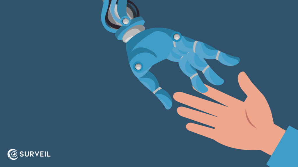 Image shows a robot hand reaching for a human hand, representing the main message of Microsoft's Be You campaign