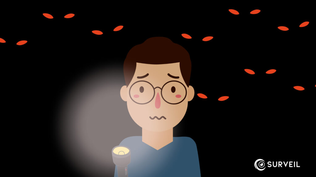 A scared man representing Microsoft partners holds a torch in a dark room. Red eyes glow behind him.