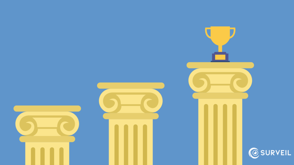 The pillars of cost optimisation stack up next to one another, with a trophy atop the final pillar.