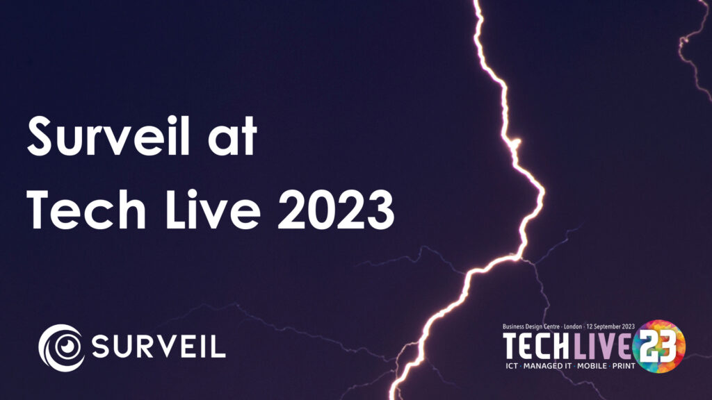 A background of lightening and the Surveil and Tech Live 2023 logos